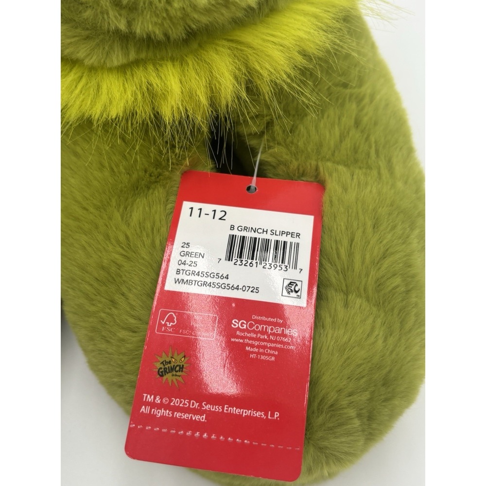 Dr.Suess The Grinch Christmas Slippers Kids Size M 11-12  Santa hat NWT - Picture 2 of 2